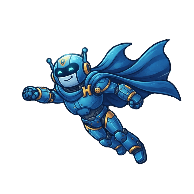 The SEOHero mascot: a flying robot superhero with a cape